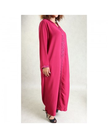 Djellaba marocaine brodée à capuche et manches longues pour femme - Couleur Framboise 