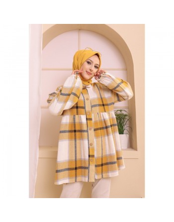 Surchemise ample à grands carreaux pour femme - Vêtement Modest Fashion Automne Hiver - Couleur moutarde 