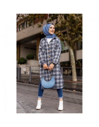 Chemise longue à carreaux pour femme (Boutique Vêtement moderne pour musulmane) - Couleur bleu écru 
