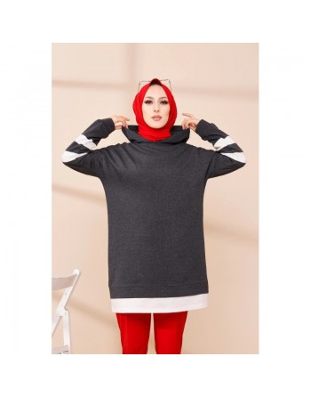 Tunique décontractée avec capuche (Sweat long pour hijab) - Couleur anthracite avec bandes blanches 