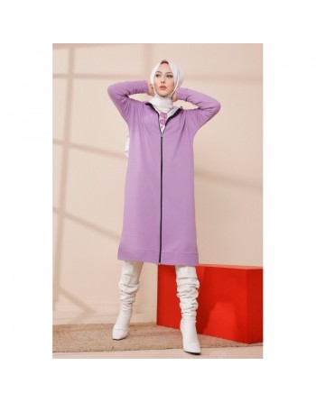Cardigan Gilet long zippé style décontracté et sport col à capuche pour femme voilée - Couleur lilas 
