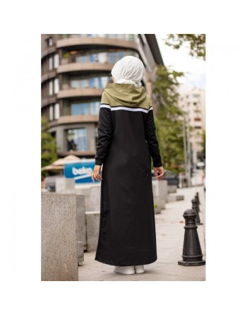 Robe longue à capuche zippée pour femme (Vêtement Hijab décontracté et sport) - Couleur Noir et Kaki 