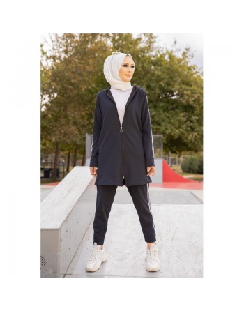 Survêtement deux pièces : Veste et Pantalon à bande blanche (Ensemble Sport Hijab pour femme) - Couleur bleu nuit 