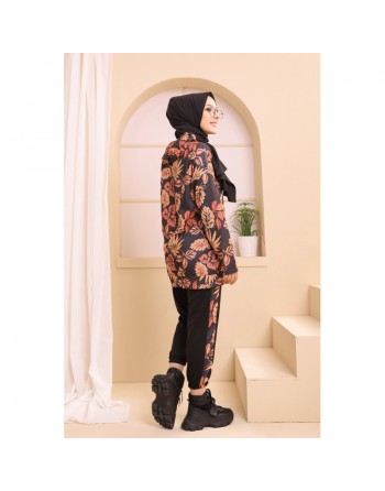 Ensemble tunique et pantalon fleuri assorti pour femme (Vêtement moderne Hijab) - Couleur noir 