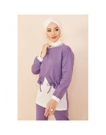 Ensemble décontracté tunique et pantalon pour femme - Couleur blanc et lilas 