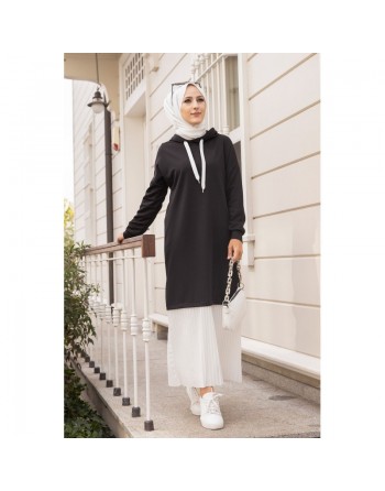 Robe longue à capuche effet plissée pour soeur voilée - Couleur noir et blanc 