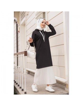 Robe longue à capuche effet plissée pour soeur voilée - Couleur noir et blanc 