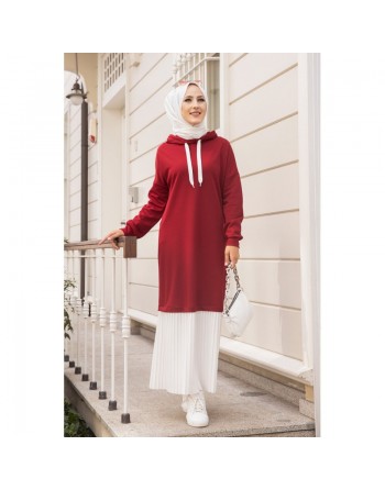 Robe longue à capuche effet plissée pour femme musulmane - Couleur bordeaux et blanc 