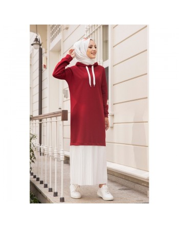 Robe longue à capuche effet plissée pour femme musulmane - Couleur bordeaux et blanc 