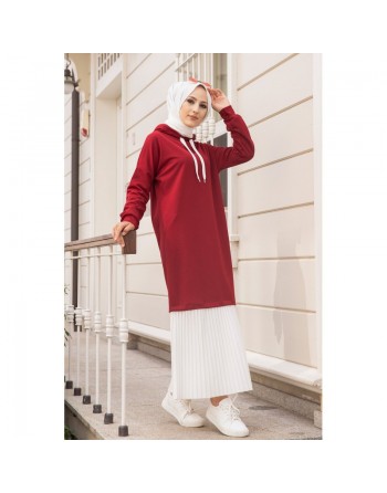 Robe longue à capuche effet plissée pour femme musulmane - Couleur bordeaux et blanc 