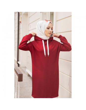 Robe longue à capuche effet plissée pour femme musulmane - Couleur bordeaux et blanc 