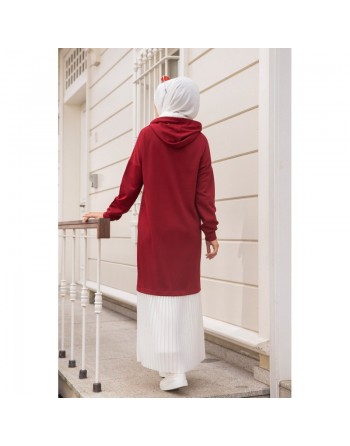 Robe longue à capuche effet plissée pour femme musulmane - Couleur bordeaux et blanc 