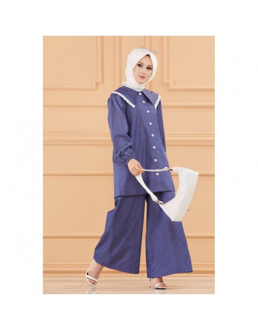 Ensemble casual deux pièces : tunique-chemise à dentelle et pantalon jupe large (Vêtement habillé pudique et ample pour... Ensemble casual deux pièces : tunique-chemise à dentelle et pantalon jupe large (Vêtement habillé pudique et ample pour...