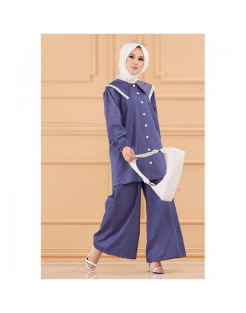 Ensemble casual deux pièces : tunique-chemise à dentelle et pantalon jupe large (Vêtement habillé pudique et ample pour... 