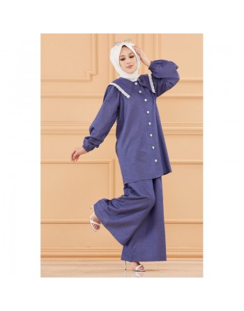 Ensemble casual deux pièces : tunique-chemise à dentelle et pantalon jupe large (Vêtement habillé pudique et ample pour... 