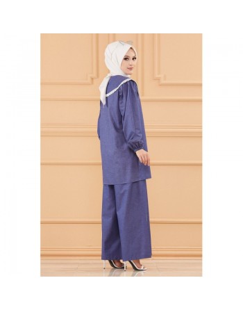 Ensemble casual deux pièces : tunique-chemise à dentelle et pantalon jupe large (Vêtement habillé pudique et ample pour... 