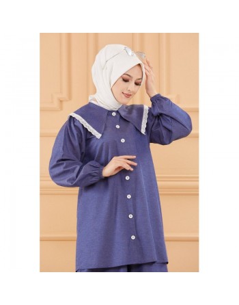 Ensemble casual deux pièces : tunique-chemise à dentelle et pantalon jupe large (Vêtement habillé pudique et ample pour... 