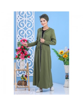 Robe longue zippée à capuche pour femme style décontracté de marque Amelis Paris - Couleur Kaki 