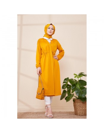 Cardigan à lacets pour femme (Gilet long - Boutique Vêtement Hijab Paris) - Couleur jaune moutarde 