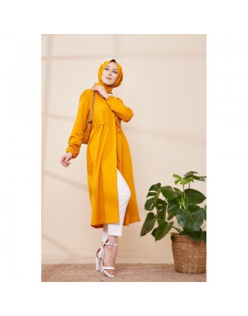 Cardigan à lacets pour femme (Gilet long - Boutique Vêtement Hijab Paris) - Couleur jaune moutarde 
