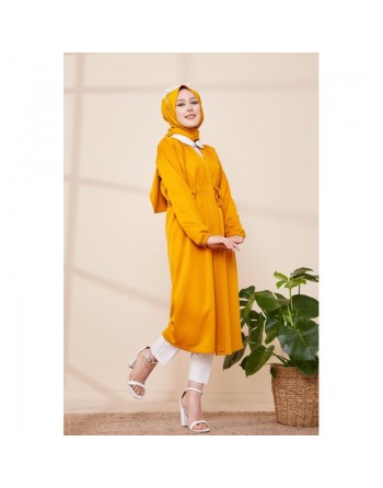 Cardigan à lacets pour femme (Gilet long - Boutique Vêtement Hijab Paris) - Couleur jaune moutarde 