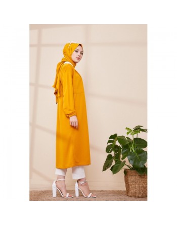 Cardigan à lacets pour femme (Gilet long - Boutique Vêtement Hijab Paris) - Couleur jaune moutarde 