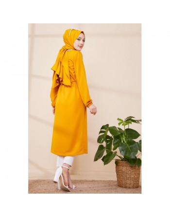 Cardigan à lacets pour femme (Gilet long - Boutique Vêtement Hijab Paris) - Couleur jaune moutarde 