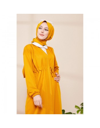 Cardigan à lacets pour femme (Gilet long - Boutique Vêtement Hijab Paris) - Couleur jaune moutarde 