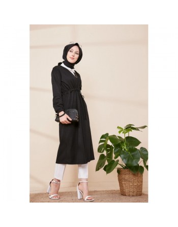 Cardigan à lacets pour femme (Boutique Musulmane pas cher - Hidjab en Ligne France) - Couleur noir 