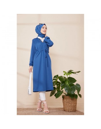 Cardigan à lacets pour femme (Gilet long style kimono - Modest Fashion France) - Couleur bleu indigo 