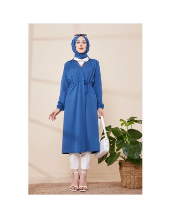 Cardigan à lacets pour femme (Gilet long style kimono - Modest Fashion France) - Couleur bleu indigo 