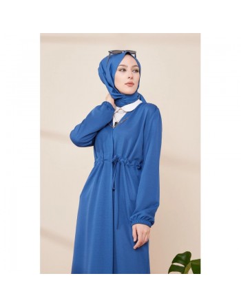 Cardigan à lacets pour femme (Gilet long style kimono - Modest Fashion France) - Couleur bleu indigo 