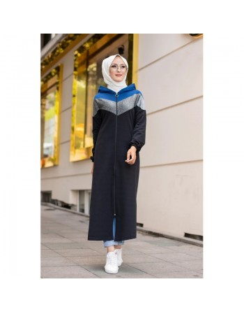 Cardigan long à capuche avec partie argentée - Robe zippée style sport pour femme voilée - Couleur noir, gris et bleu 
