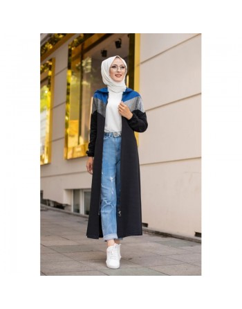 Cardigan long à capuche avec partie argentée - Robe zippée style sport pour femme voilée - Couleur noir, gris et bleu 