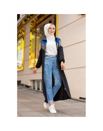 Cardigan long à capuche avec partie argentée - Robe zippée style sport pour femme voilée - Couleur noir, gris et bleu 