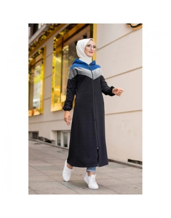 Cardigan long à capuche avec partie argentée - Robe zippée style sport pour femme voilée - Couleur noir, gris et bleu 