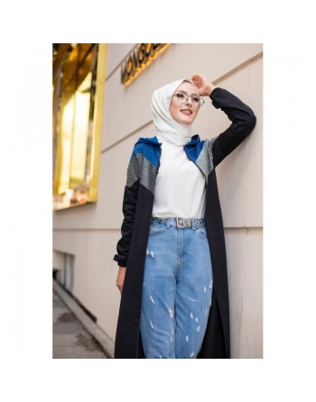 Cardigan long à capuche avec partie argentée - Robe zippée style sport pour femme voilée - Couleur noir, gris et bleu 