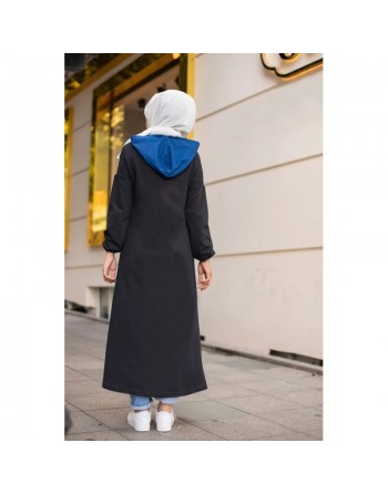 Cardigan long à capuche avec partie argentée - Robe zippée style sport pour femme voilée - Couleur noir, gris et bleu 