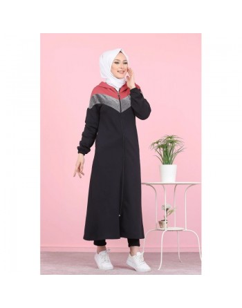 Cardigan long pour femme (Robe zippée à capuche style Sportswear pour femme voilée) - Couleur noir et rose 