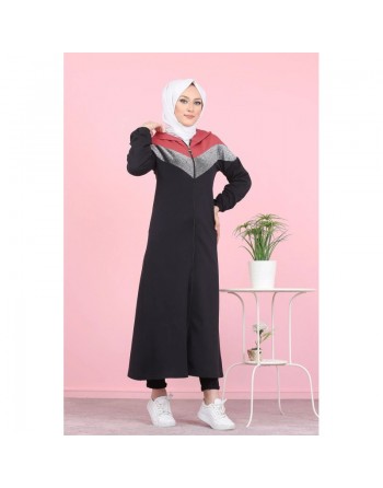 Cardigan long pour femme (Robe zippée à capuche style Sportswear pour femme voilée) - Couleur noir et rose 