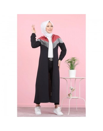 Cardigan long pour femme (Robe zippée à capuche style Sportswear pour femme voilée) - Couleur noir et rose 