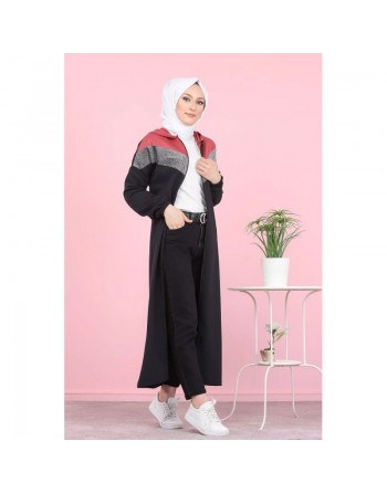Cardigan long pour femme (Robe zippée à capuche style Sportswear pour femme voilée) - Couleur noir et rose 