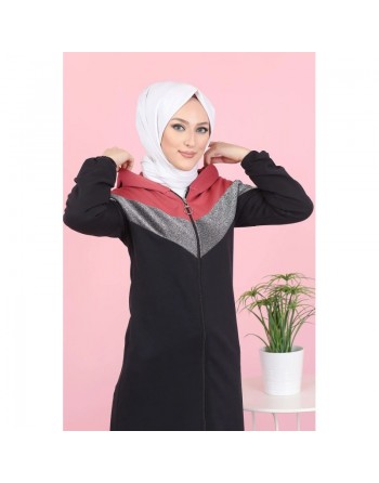 Cardigan long pour femme (Robe zippée à capuche style Sportswear pour femme voilée) - Couleur noir et rose 