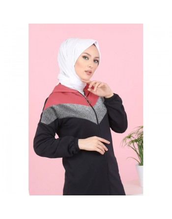 Cardigan long pour femme (Robe zippée à capuche style Sportswear pour femme voilée) - Couleur noir et rose 