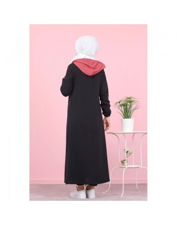 Cardigan long pour femme (Robe zippée à capuche style Sportswear pour femme voilée) - Couleur noir et rose 
