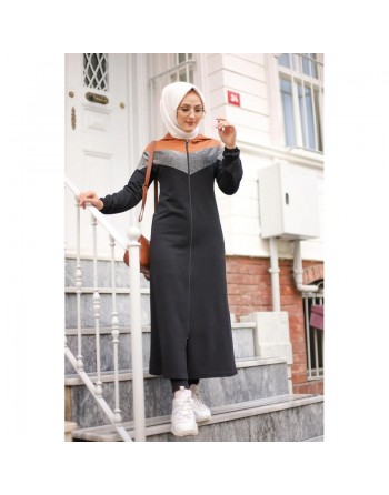 Cardigan long à capuche avec partie argentée - Robe zippée style sport pour femme voilée - Couleur noir et marron clair 