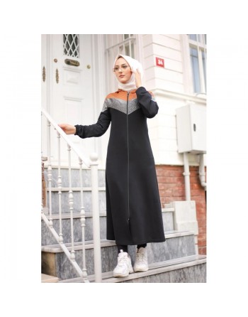 Cardigan long à capuche avec partie argentée - Robe zippée style sport pour femme voilée - Couleur noir et marron clair 