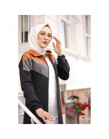 Cardigan long à capuche avec partie argentée - Robe zippée style sport pour femme voilée - Couleur noir et marron clair 