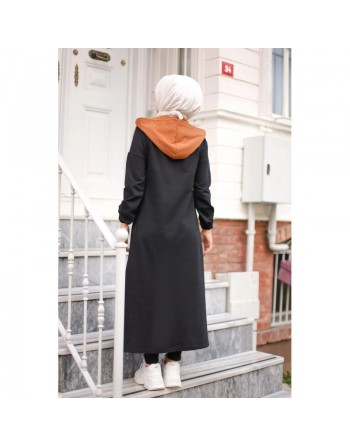 Cardigan long à capuche avec partie argentée - Robe zippée style sport pour femme voilée - Couleur noir et marron clair 