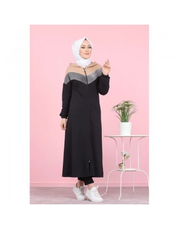 Robe zippée moderne à capuche avec haut argenté de type Sportswear idéal pour femme musulmane voilée - Couleur noir et... 